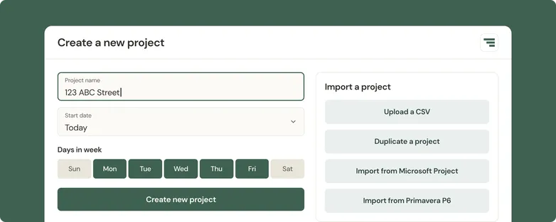 Illustration of the TeamGantt create a new project screen with project name, start date, working days and options to import a project