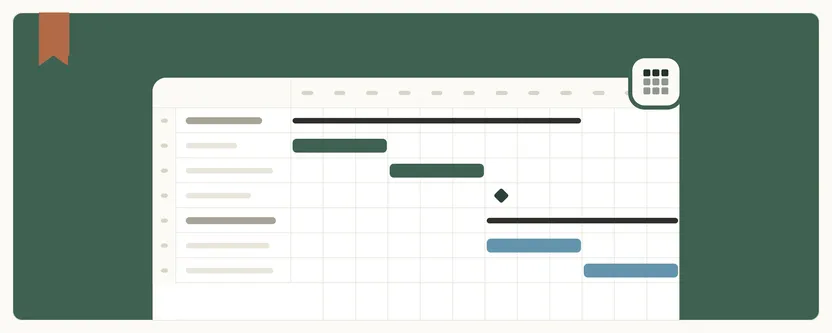 A digital Gantt chart on a green background, featuring timelines, tasks, and milestones indicated by bars and a diamond shape.