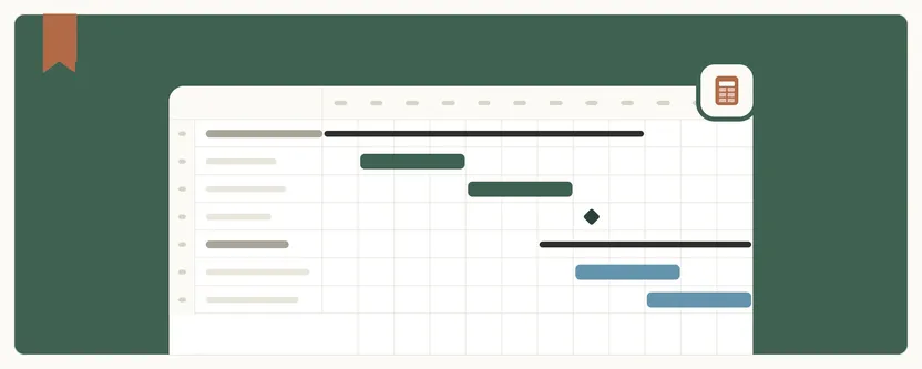 Illustration of a Gantt chart on a spreadsheet, showing horizontal bars and a milestone symbol against a green background.