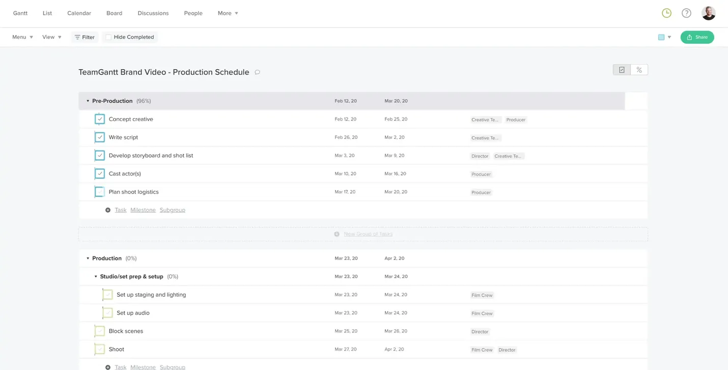 Example of TeamGantt's List view for a video project