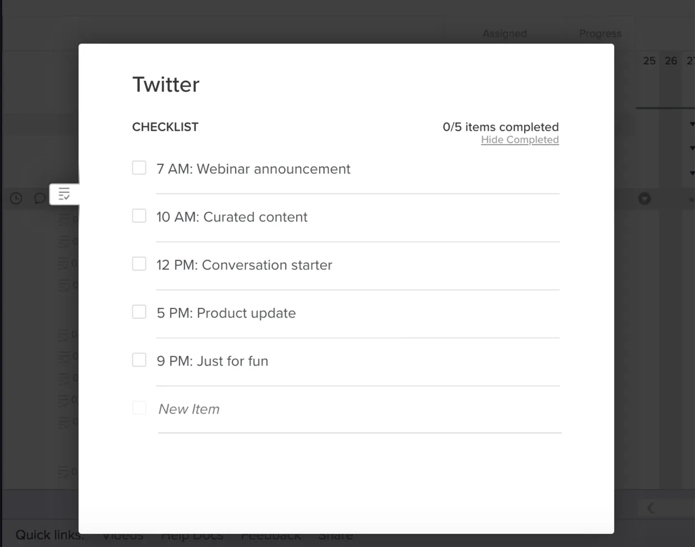 Using checklists to plan and track social media posts by time of day