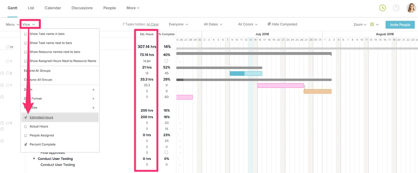 Enable estimated hours on the gantt chart in TeamGantt