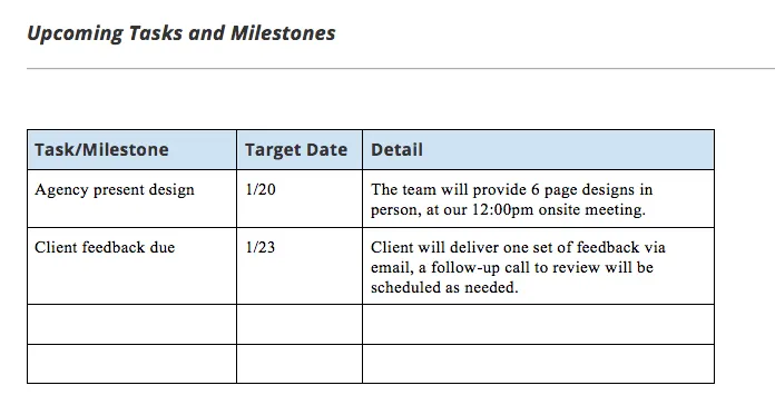 Example of upcoming tasks and milestones in a project status report