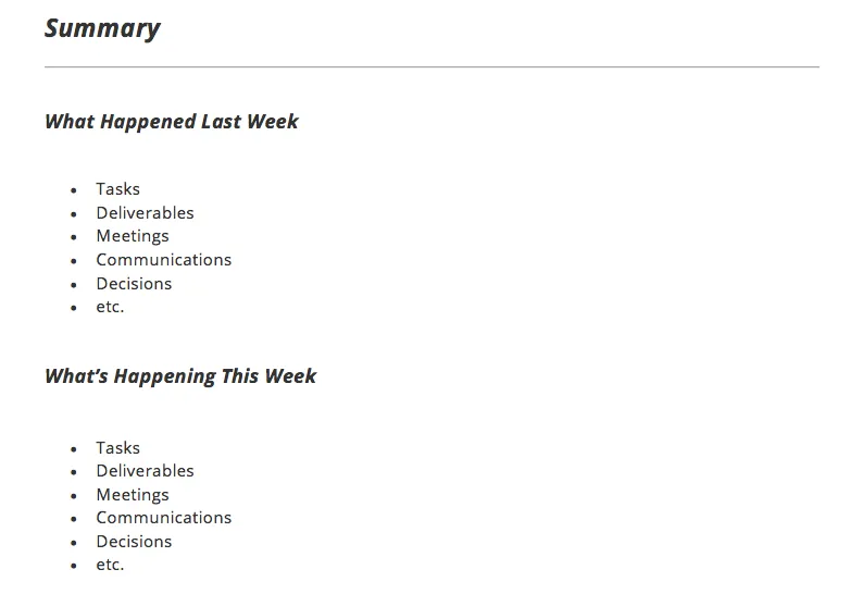 Example of the executive summary for a project status report