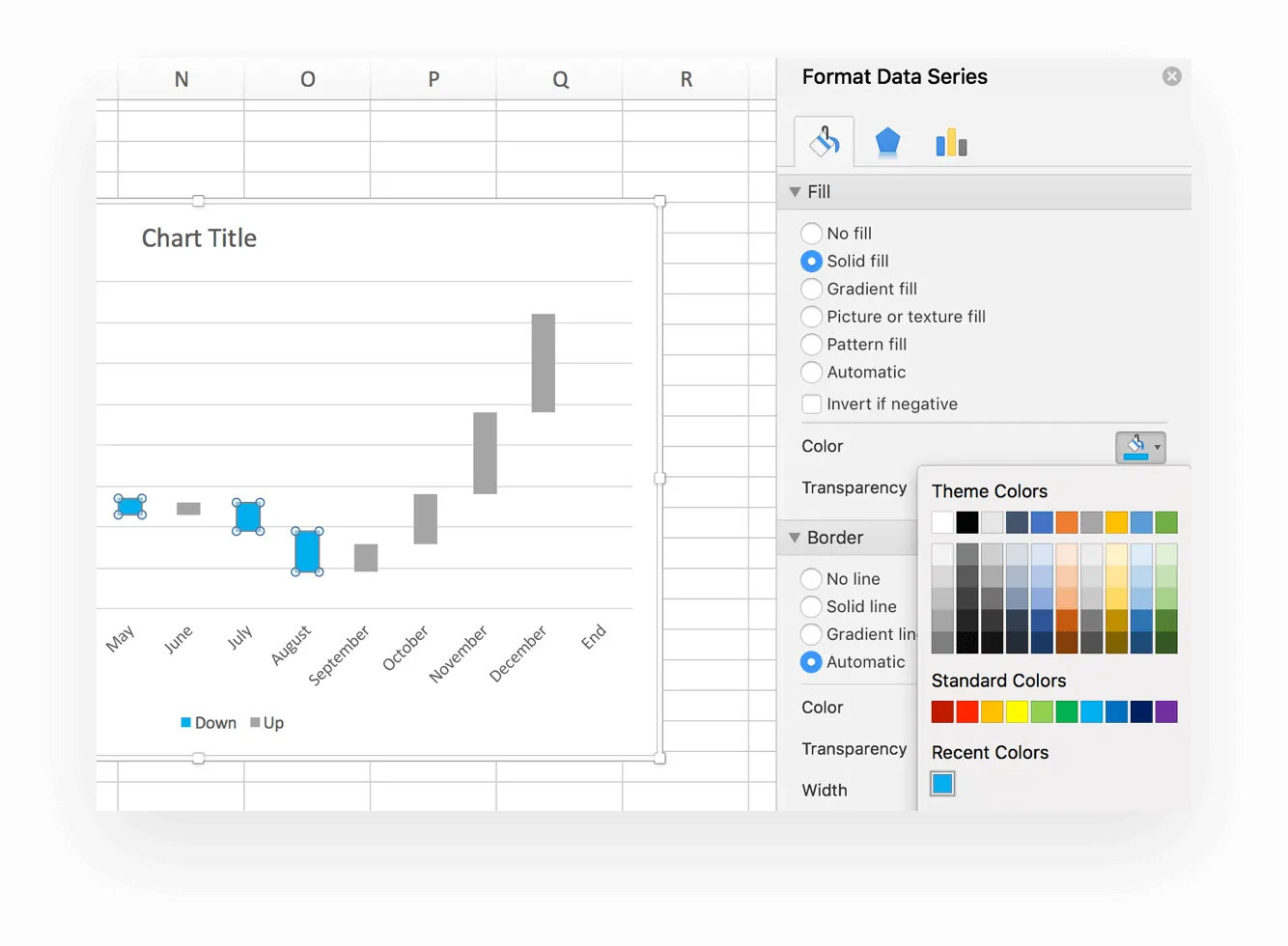 Apply custom colors to differentiate between Up and Down columns on your Excel waterfall chart
