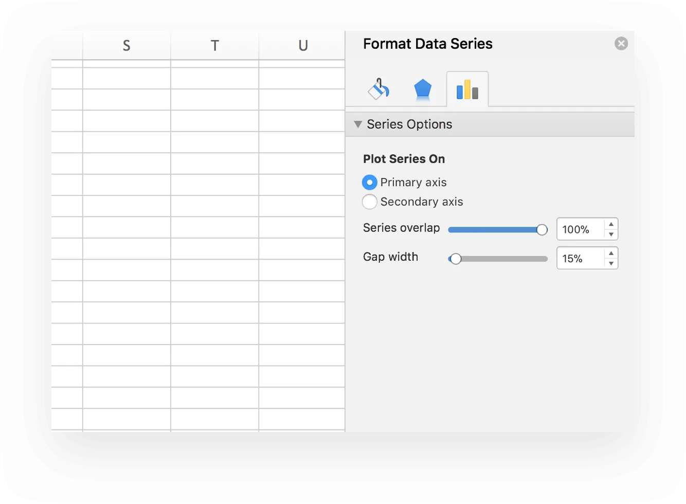 Adjusting the series overlap and gap width to remove white space from your Excel waterfall chart