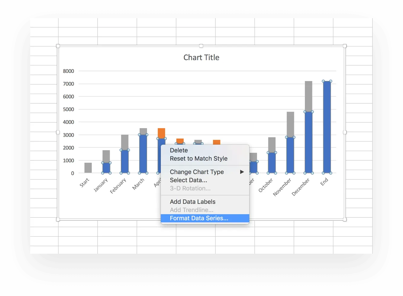 Format data series to turn your stacked chart into a waterfall chart in Excel