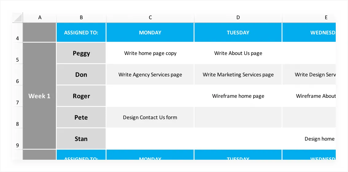 Microsoft Excel project schedule template with columns for Week, Assigned to, and day of the week. Each row is a person's name with task assignments for each day of the week.