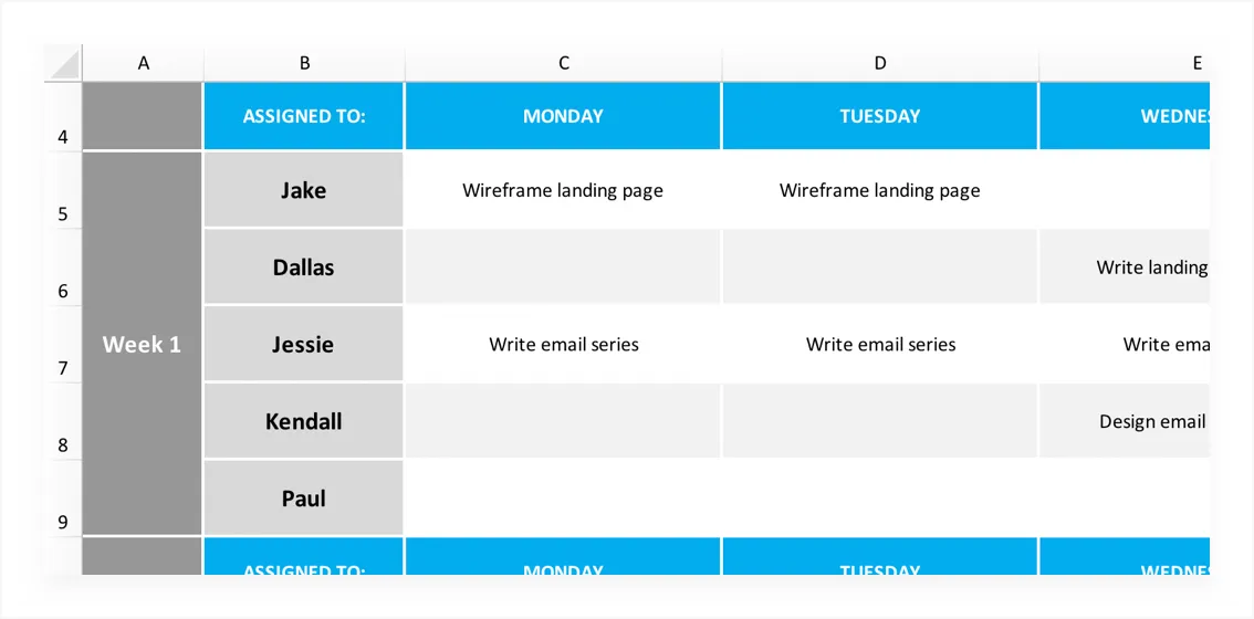 Example of a project schedule for a website project with tasks for wireframing, writing, and design