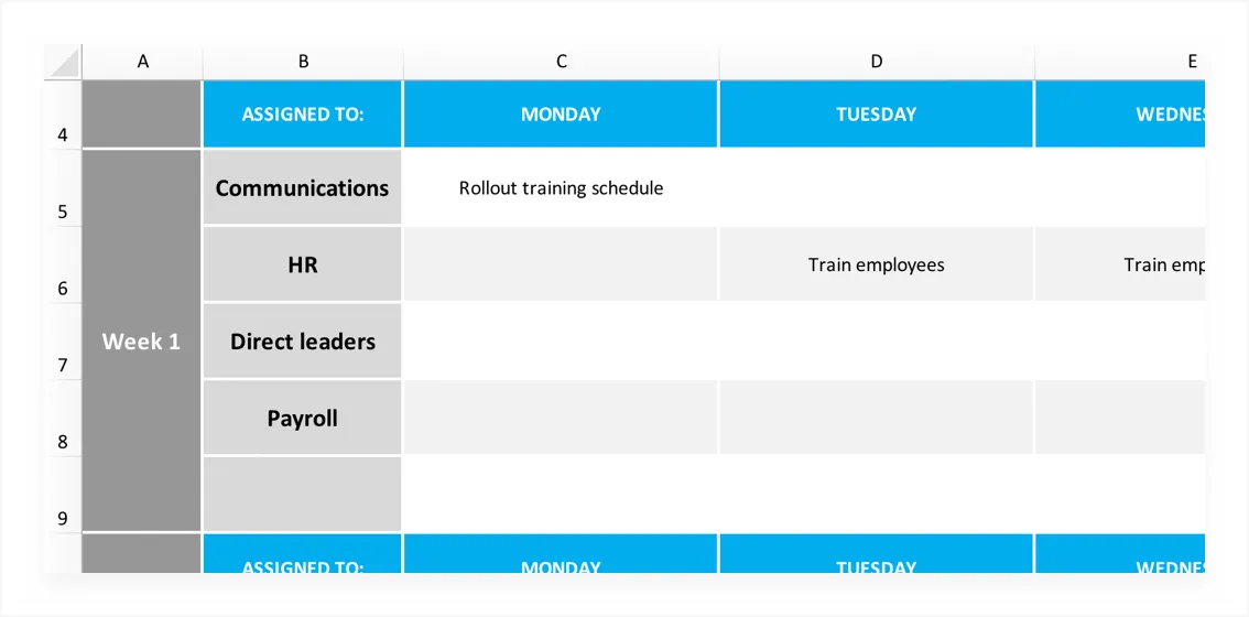 Example of a general project schedule with departments in the Assigned to column instead of team member names