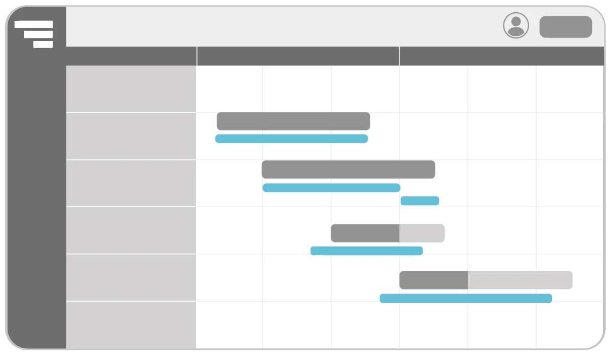A simplified Gantt chart illustration showing a series of gray task bars, each with a thinner blue bar directly below it. The blue bars are visually highlighted to represent baseline dates, allowing comparison between the original schedule and current progress.