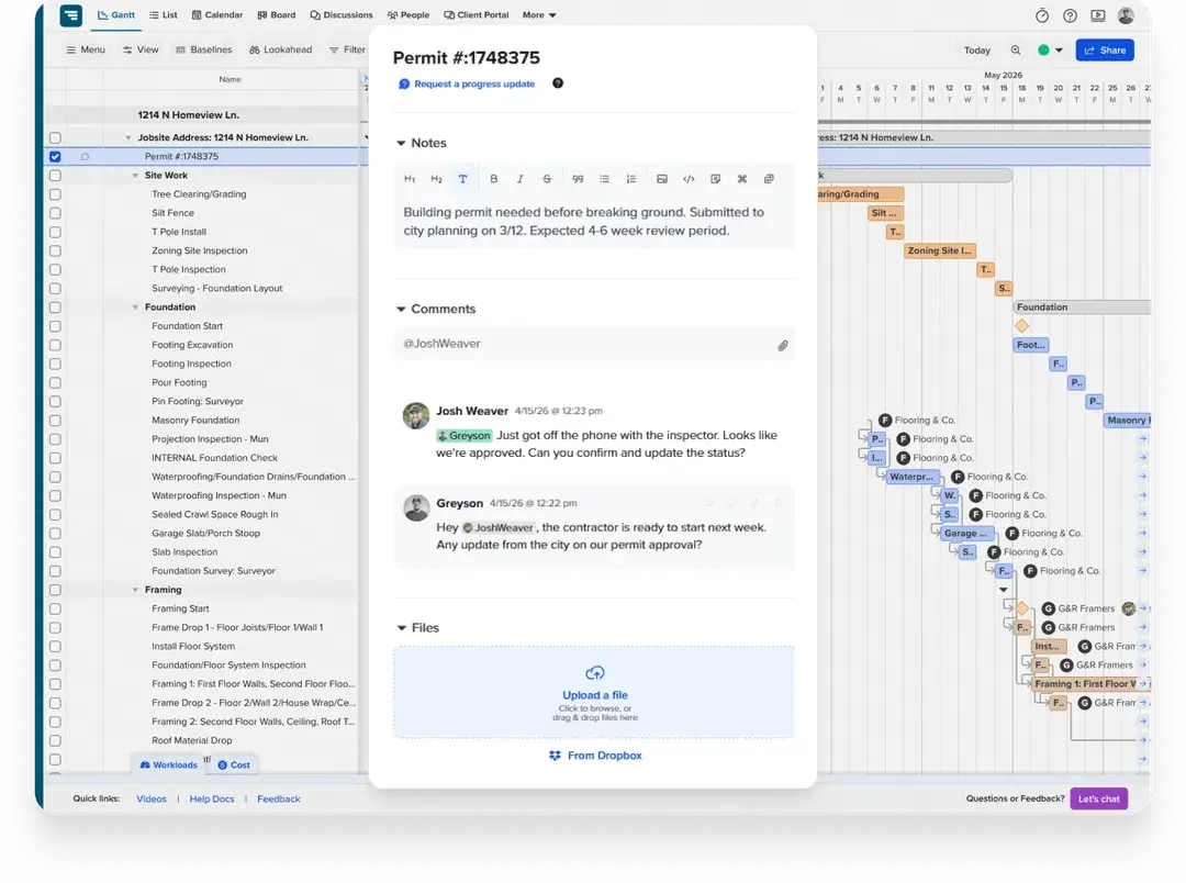 TeamGantt task details showing construction permit notes, comments, files, and progress updates in one schedule.