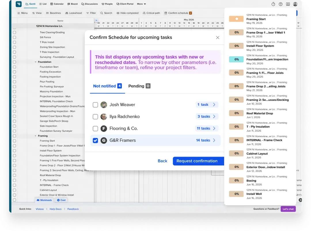 TeamGantt Subcontractor Schedule Confirmation feature listing upcoming construction tasks for subcontractor approval.