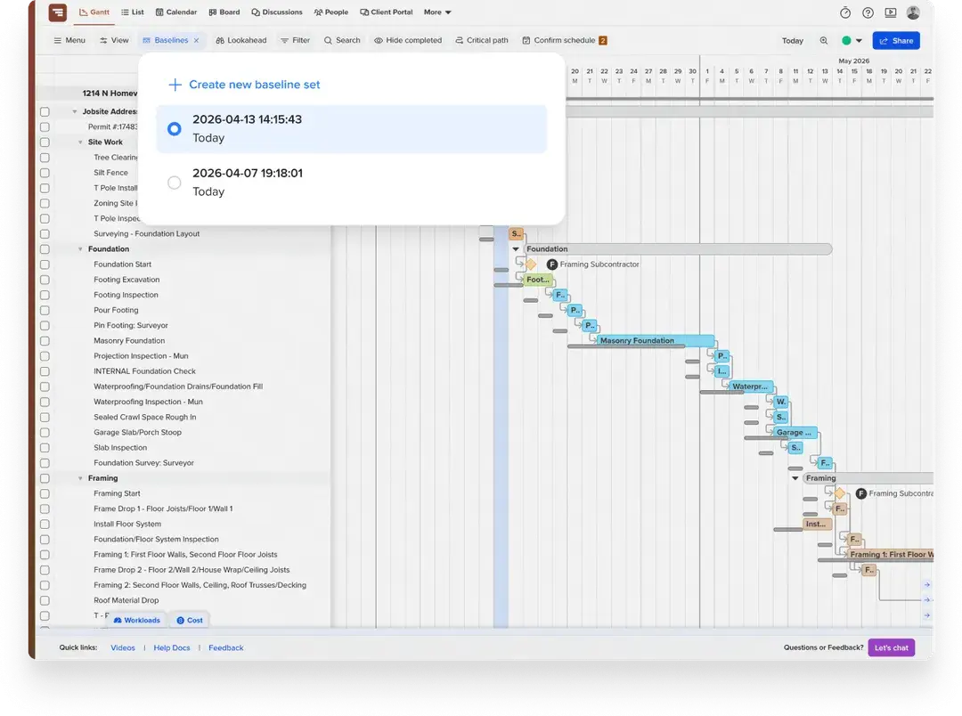 TeamGantt Gantt view showing a construction schedule with the Baselines menu open to compare saved project baselines against the live timeline.