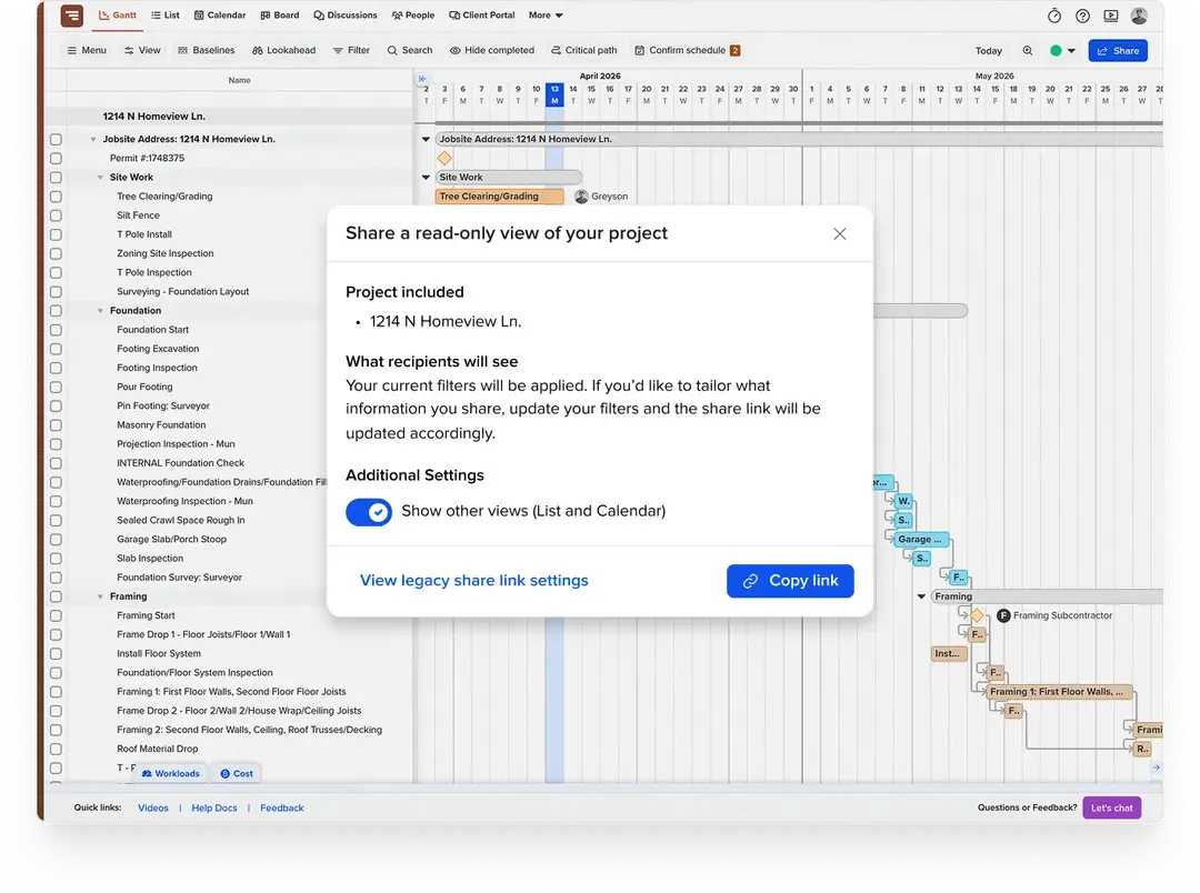 TeamGantt Gantt view with a share window for copying a read-only project link to a construction schedule.