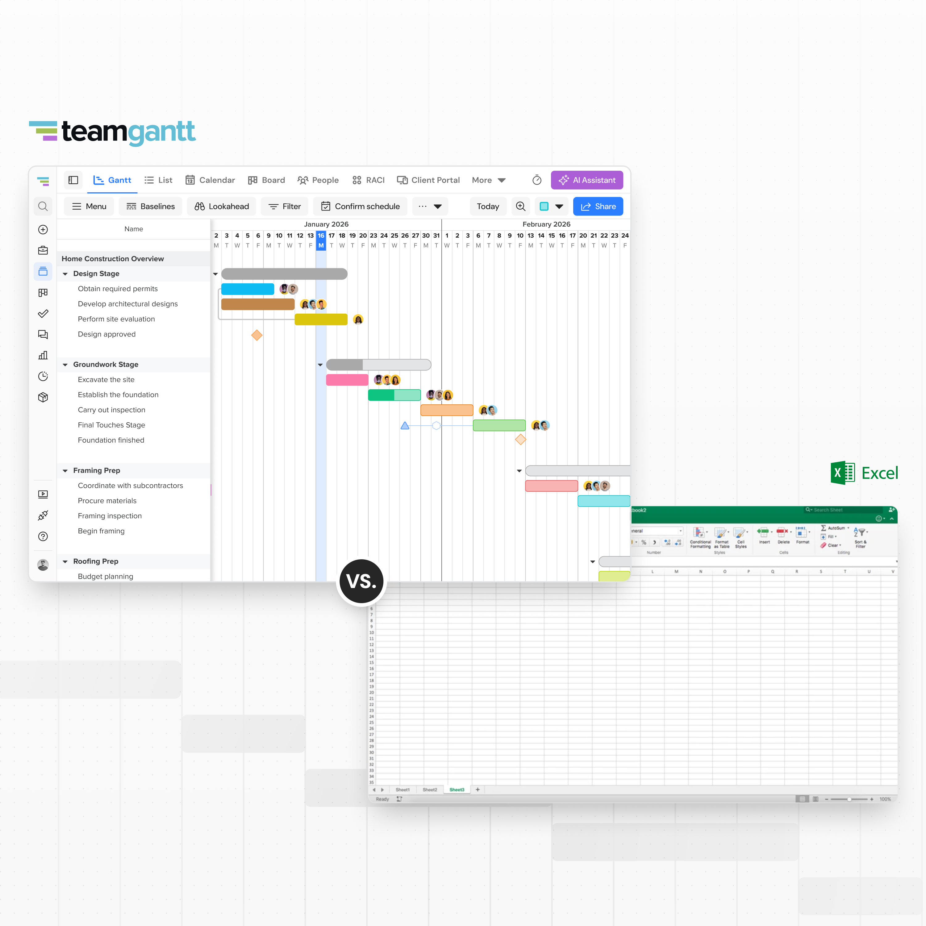 TeamGantt Gantt chart software displaying a construction project timeline with task groups and dependencies.