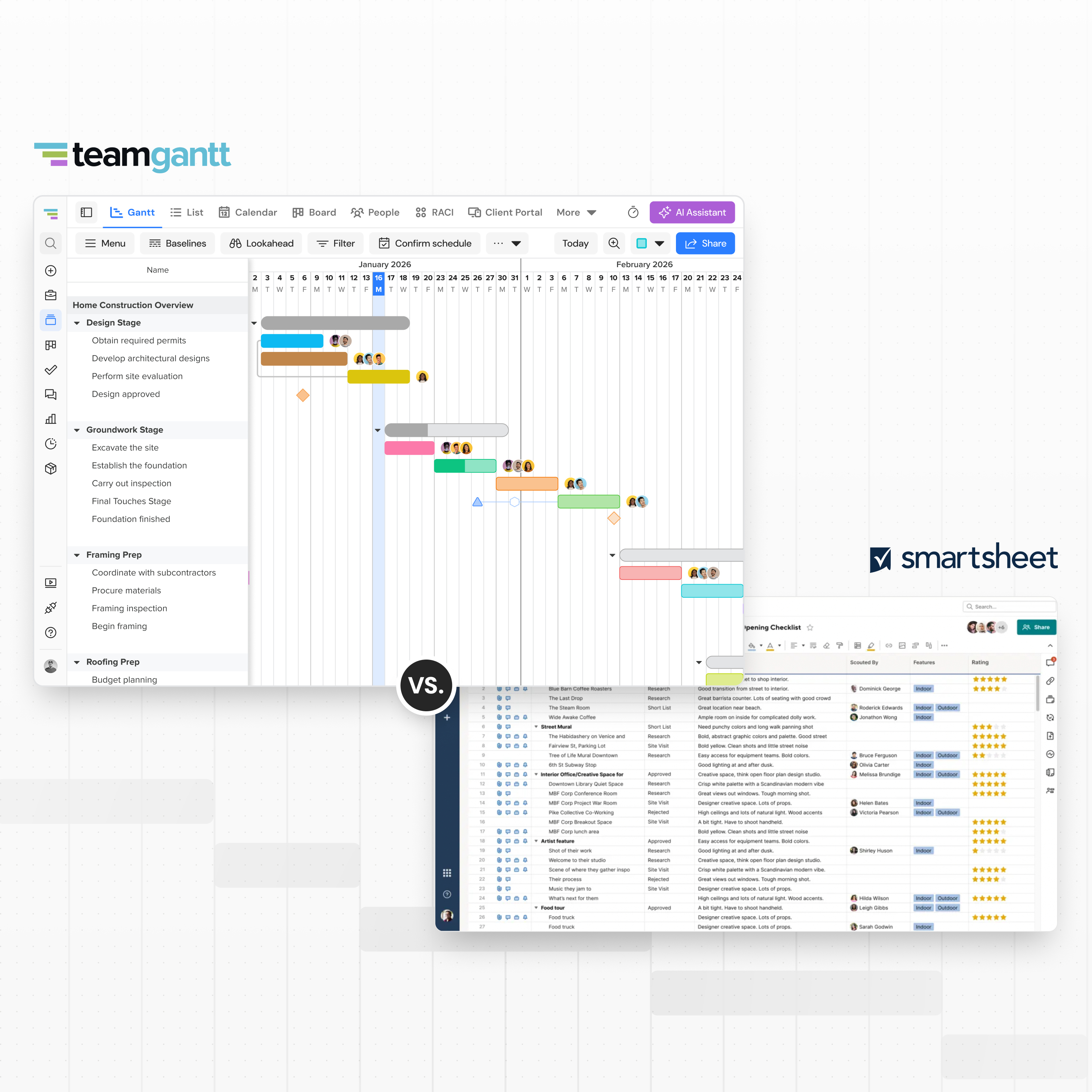 TeamGantt Gantt chart software displaying a construction project timeline with task groups and dependencies.