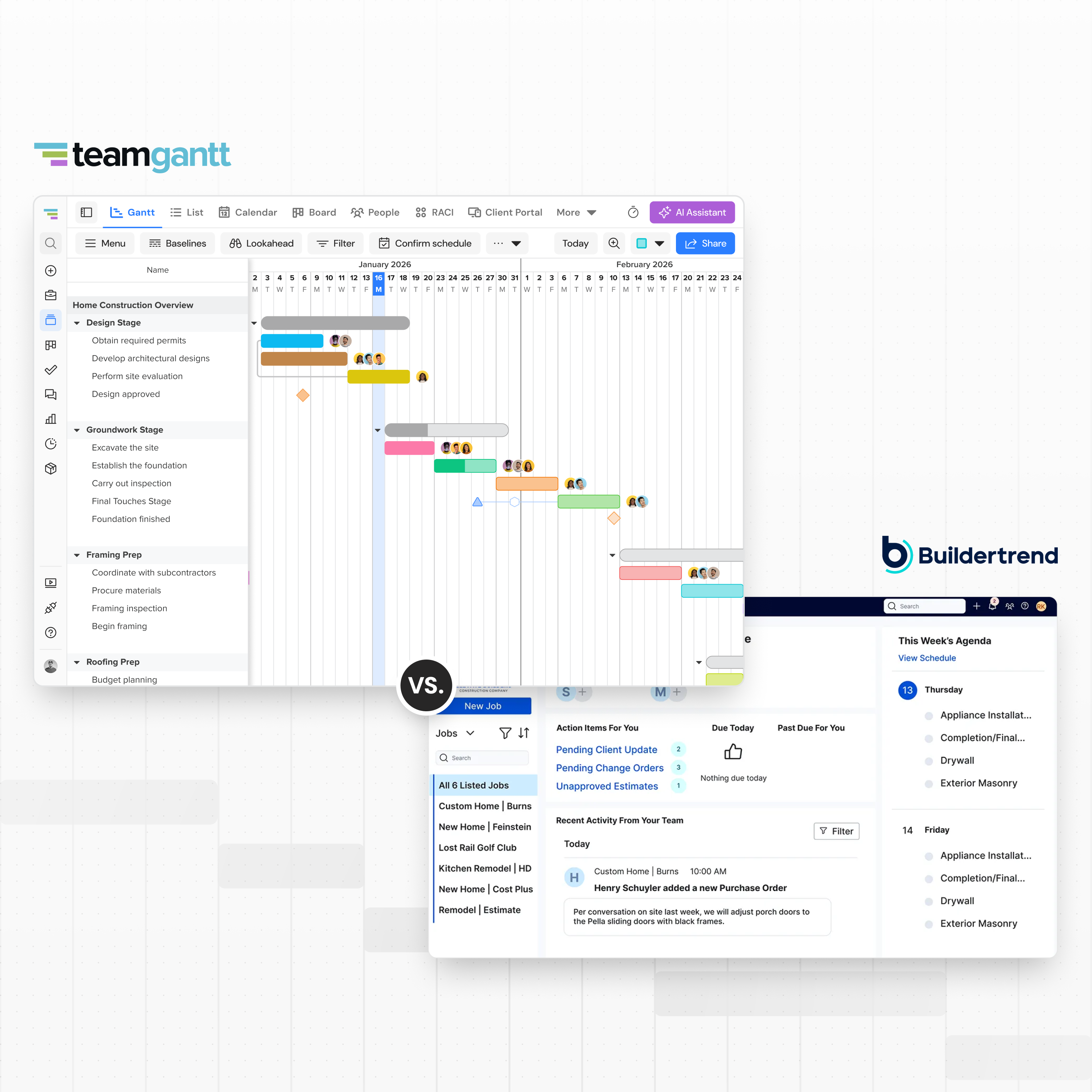 TeamGantt Gantt chart software displaying a construction project timeline with task groups and dependencies.