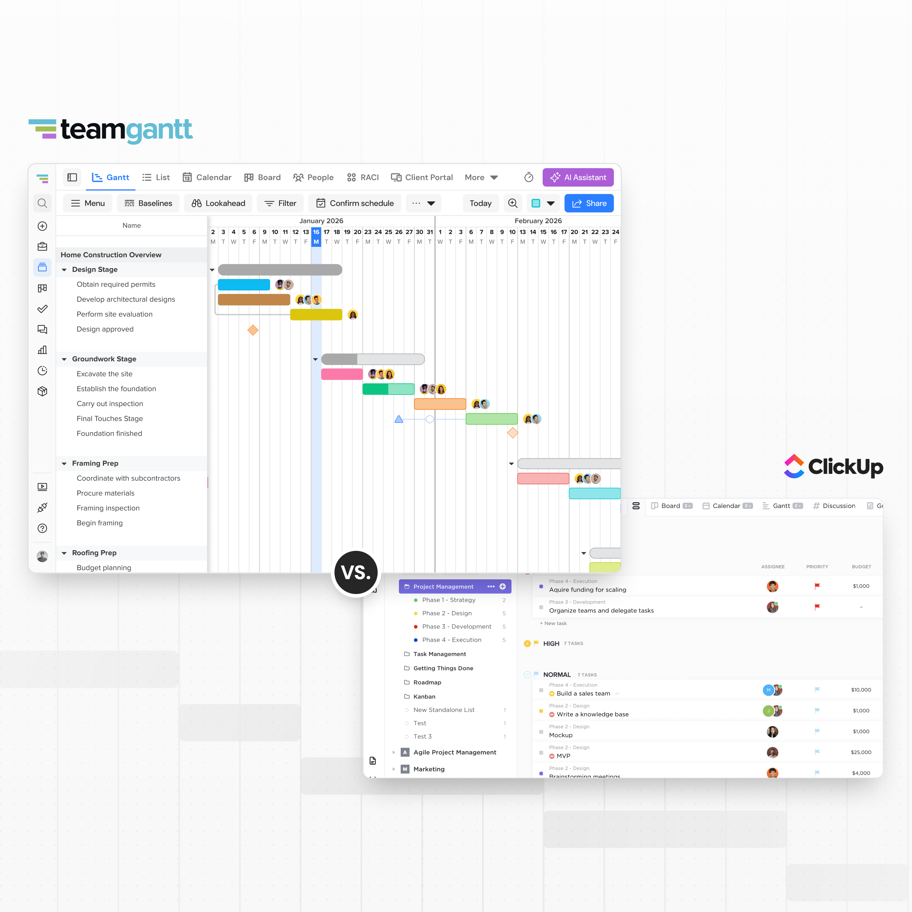 TeamGantt Gantt chart software displaying a construction project timeline with task groups and dependencies.