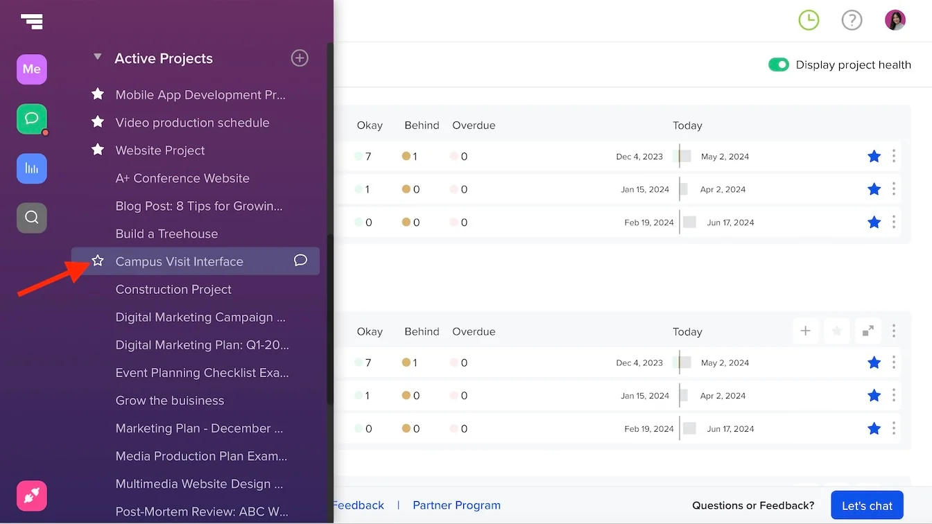Screenshot of how to star favorite projects in TeamGantt
