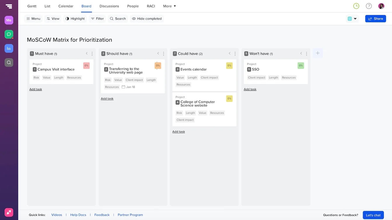 Example of how to use a Kanban board in TeamGantt to prioritize projects using the MoSCoW method