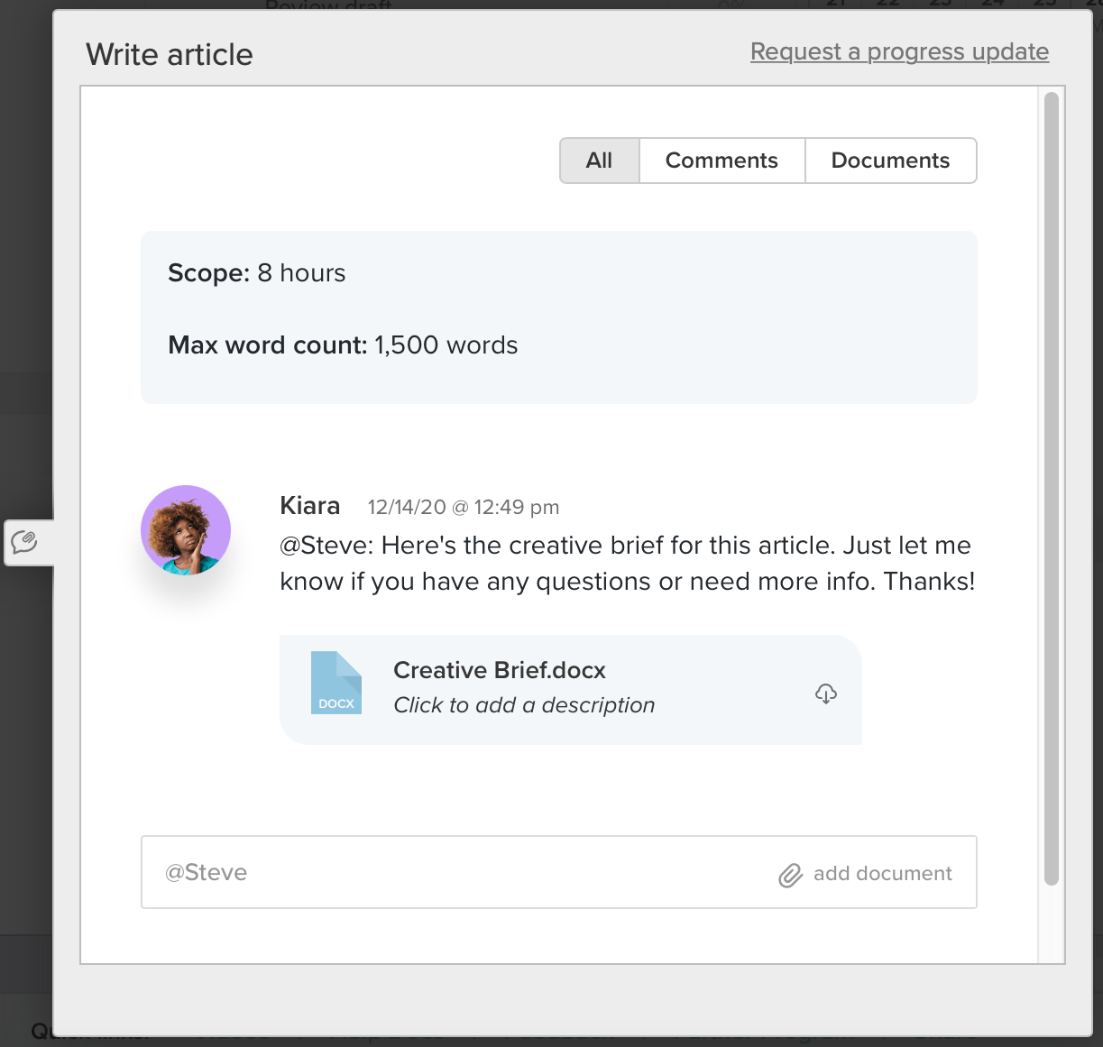 Task detail window example with notes on scope and word count, as well as a creative brief attached to the task