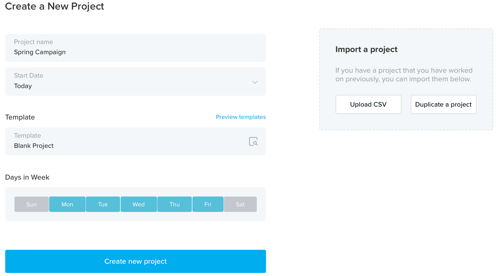 Example of the project creation screen in TeamGantt