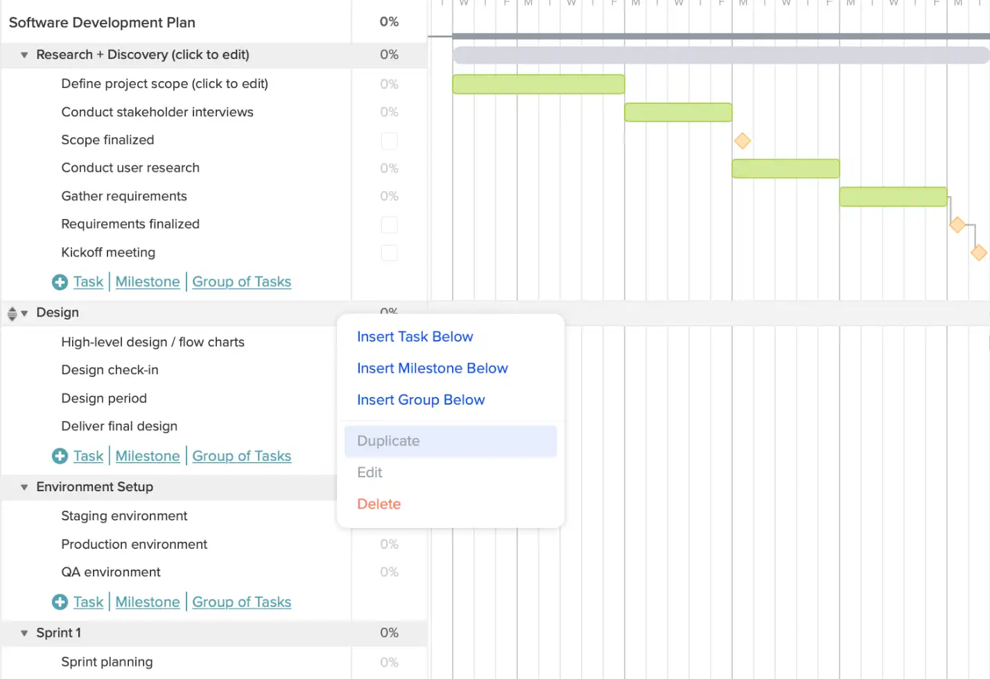 Duplicating task groups in your software development gantt chart to make planning easier