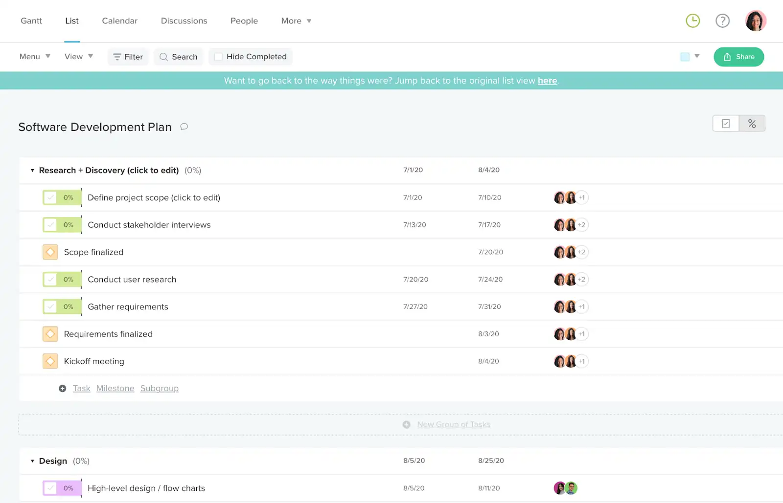 Using TeamGantt's List view to check in on your software development project plan in standup meetings