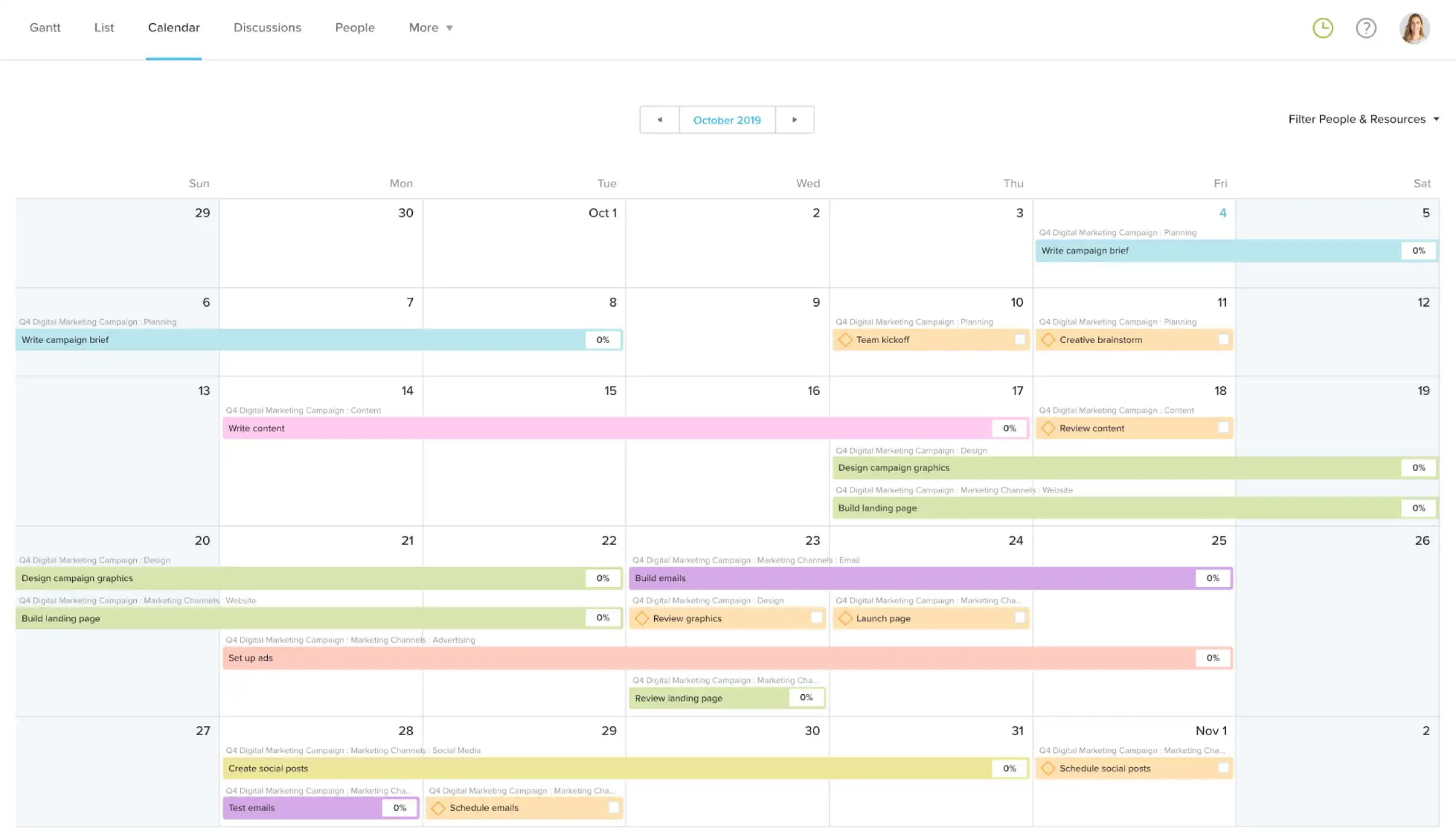 Providing monthly updates on your digital marketing campaign using TeamGantt's Calendar view