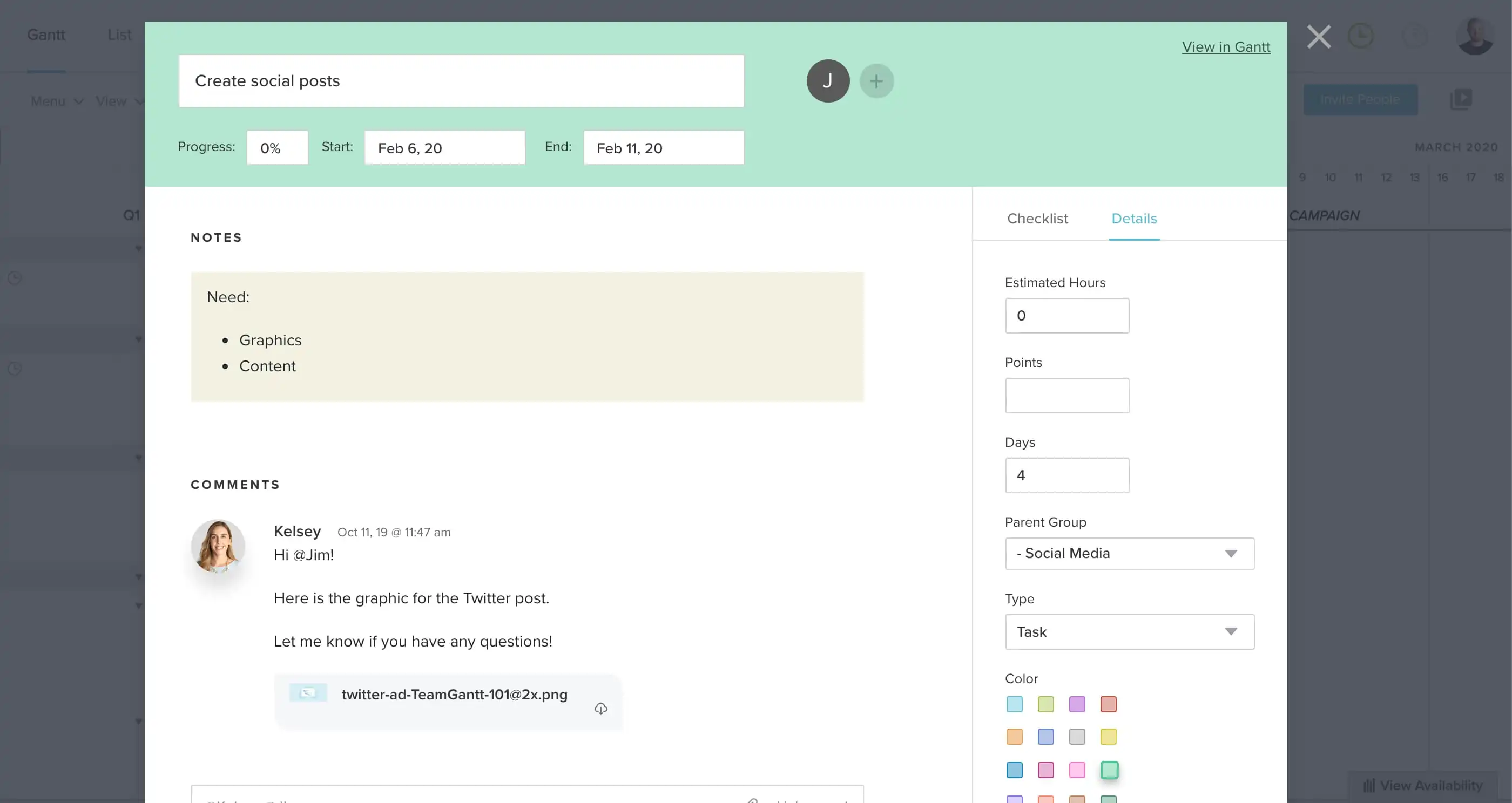 Communicating on marketing campaign tasks using TeamGantt's discussion feature