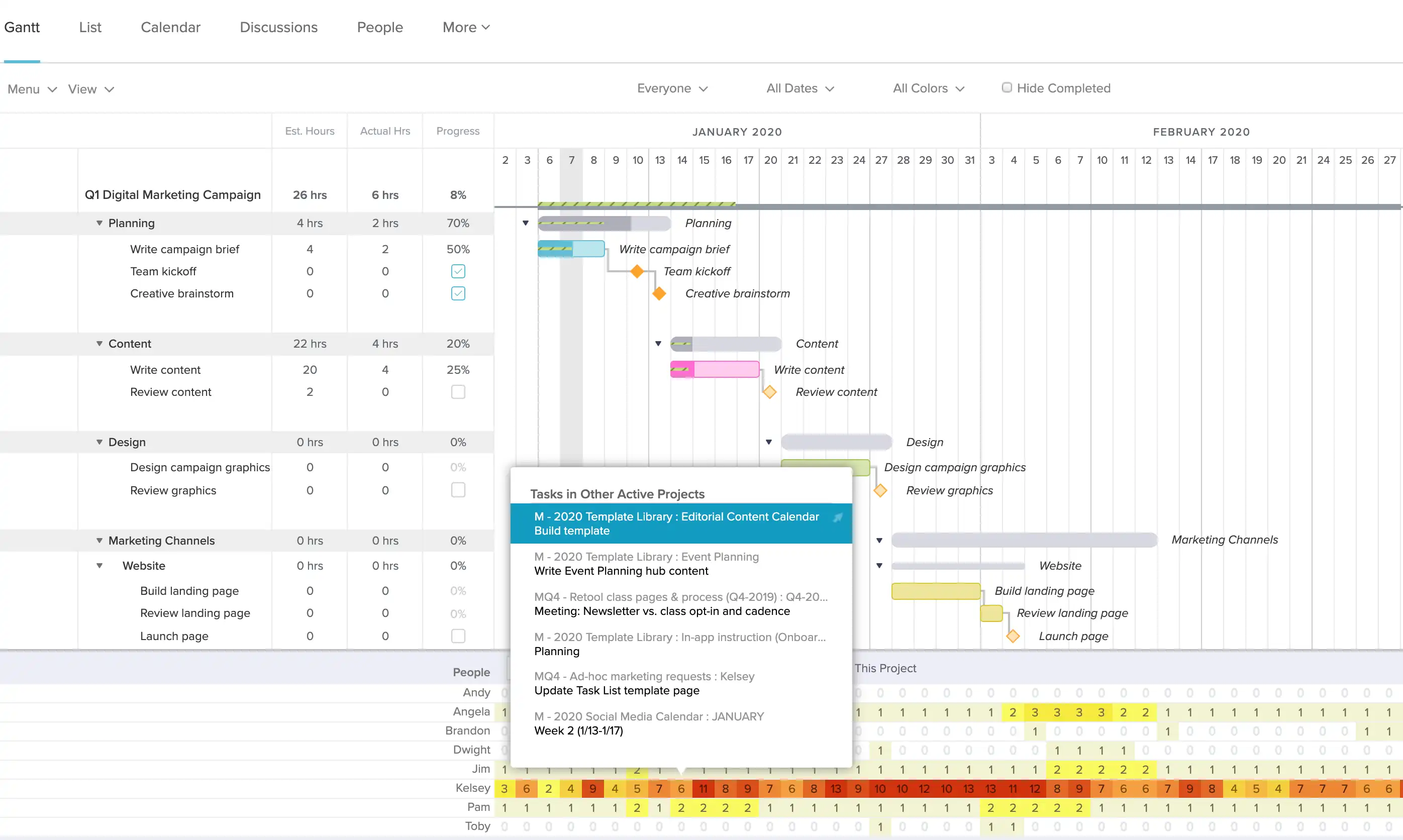 Checking team availability directly from your digital marketing campaign gantt chart using TeamGantt's workloads feature