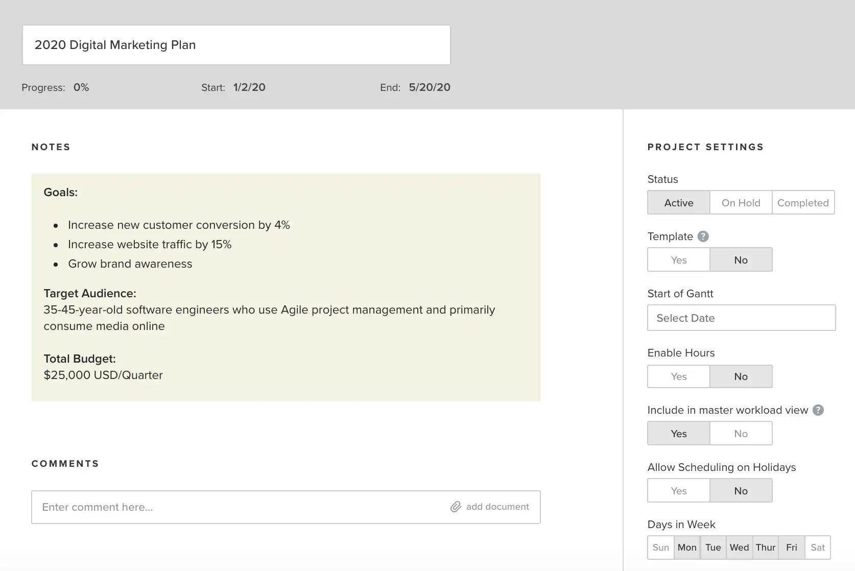 Add detailed task notes your digital marketing plan using TeamGantt's discussion feature