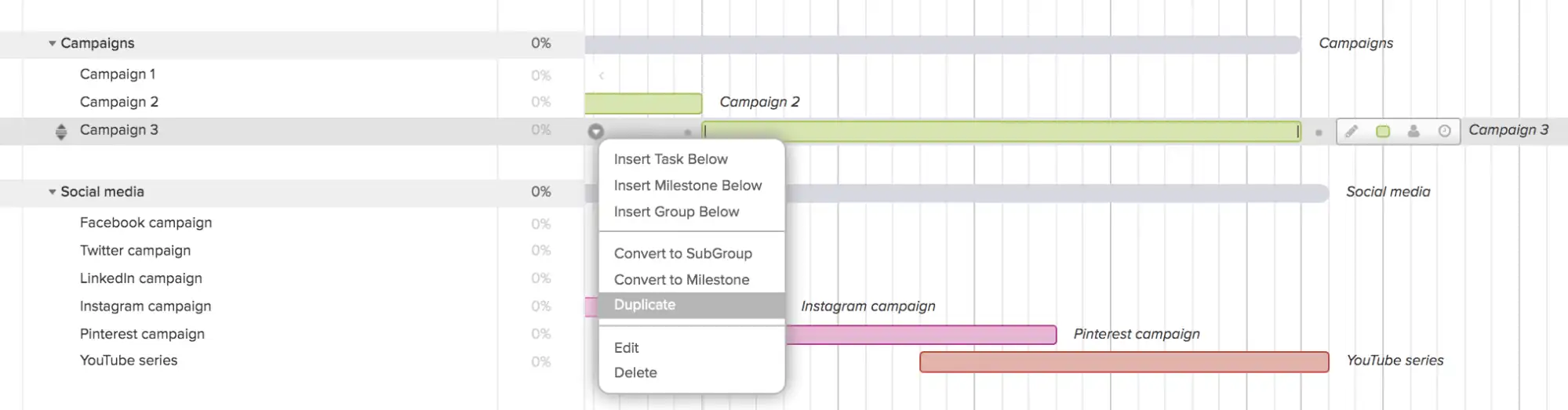 Duplicating task groups in your gantt chart to build your digital marketing plan more quickly