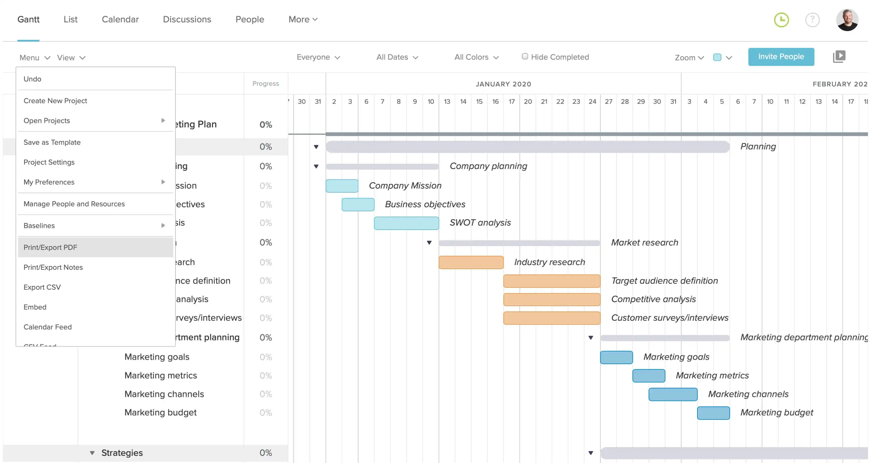 Example of how to export your strategic marketing plan gantt chart as a PDF in TeamGantt