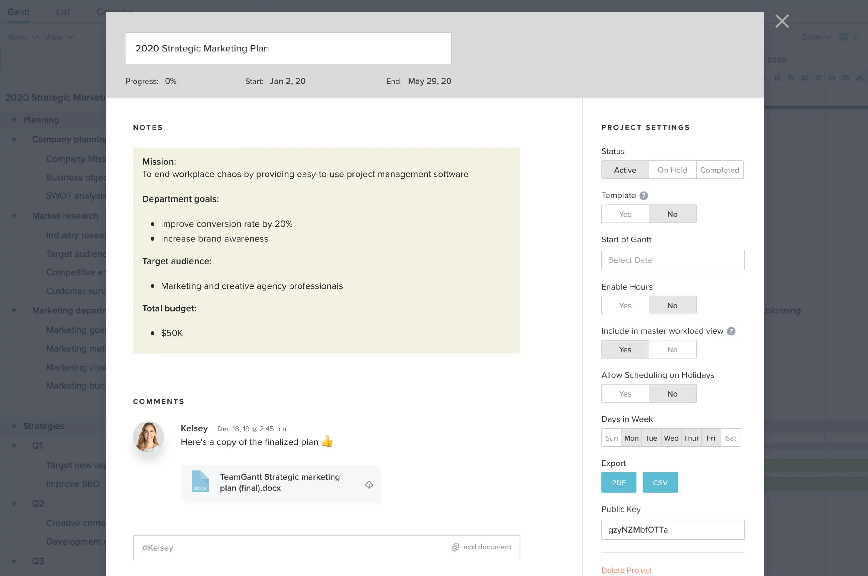 Collaborating on tasks in your strategic marketing plan using TeamGantt's discussion feature