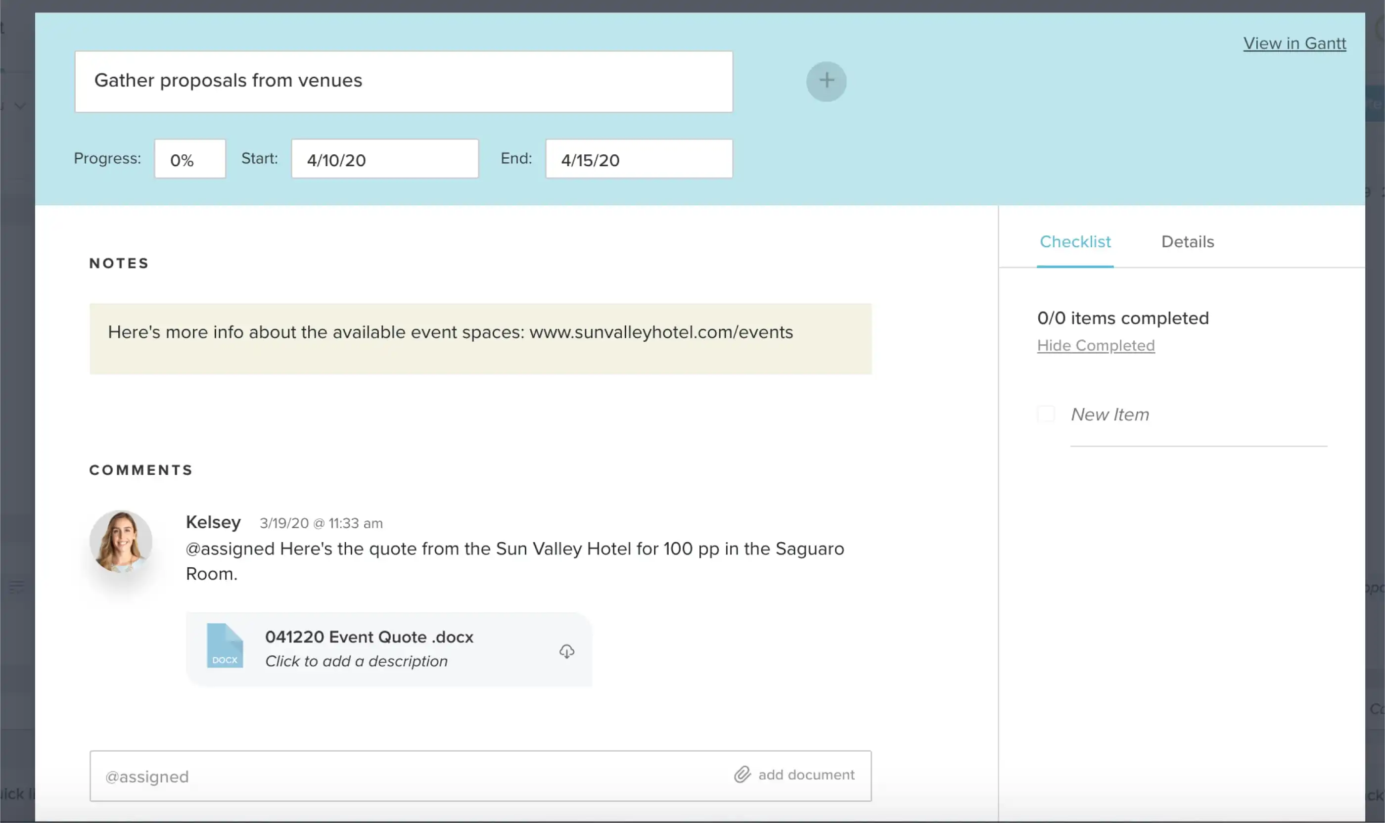 Using TeamGantt's discussion feature to share files and collaborate on event planning tasks