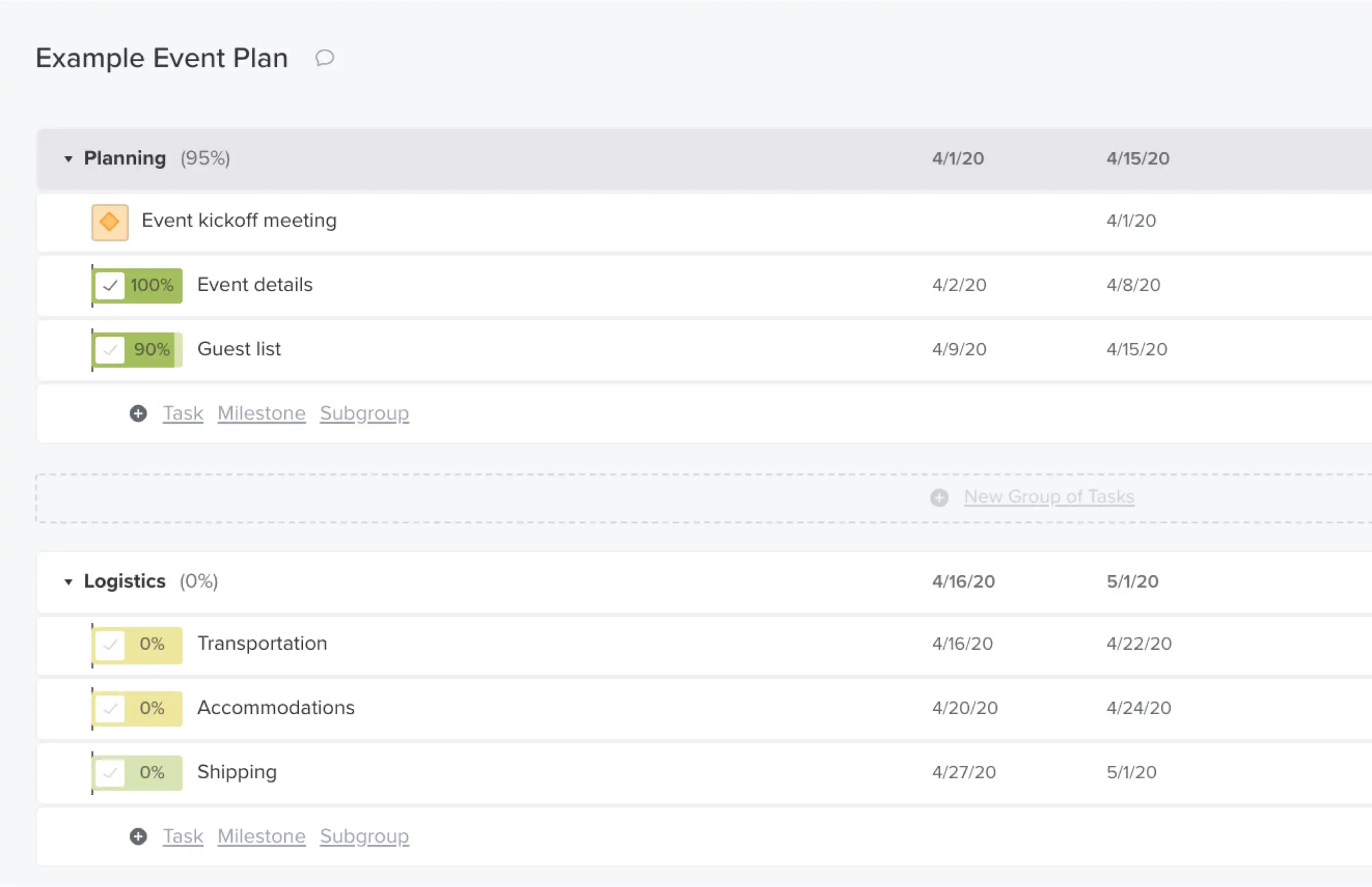 Using List view in TeamGantt to review the status of your event plan