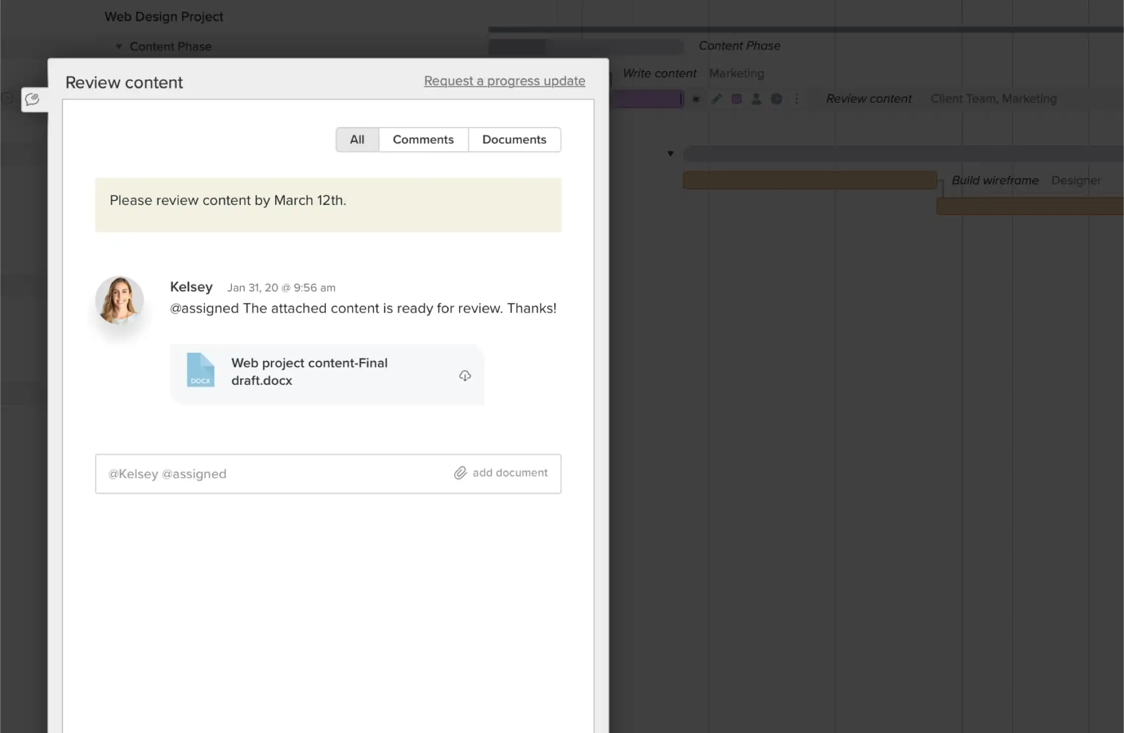 Example of TeamGantt's discussion feature for a web development project