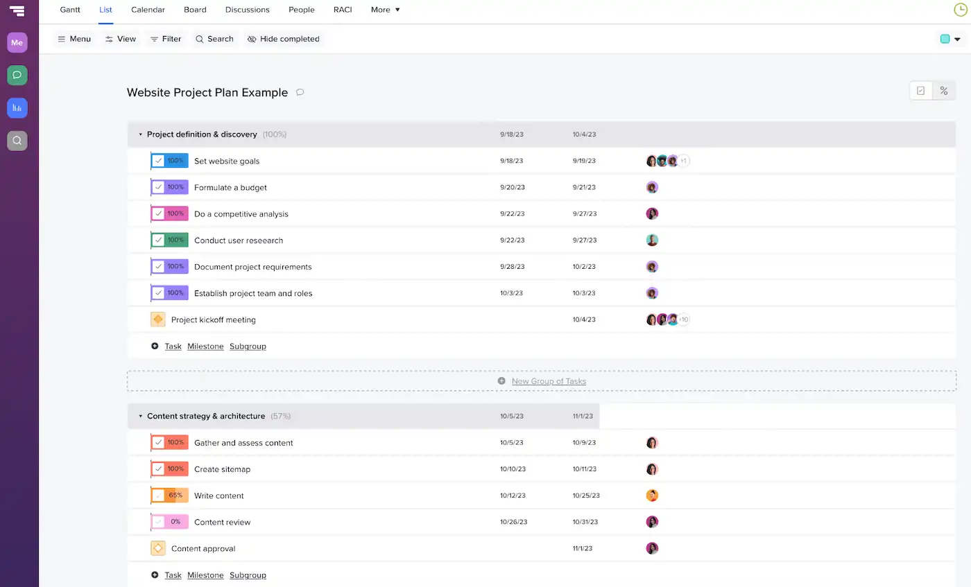Example of List view for a website project plan in TeamGantt