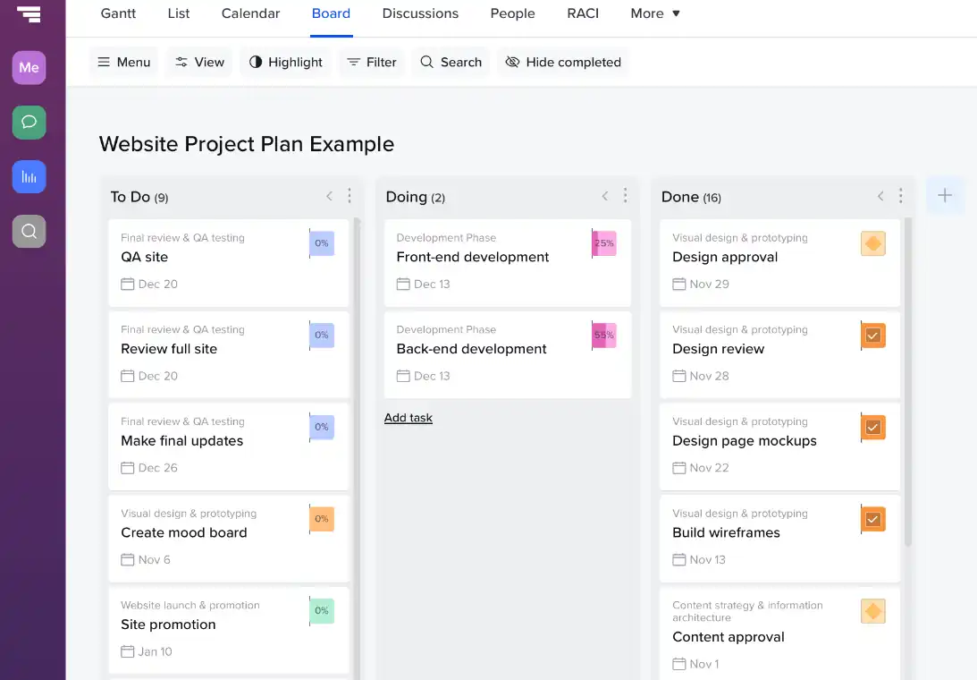Example of a Kanban board for a web dev project in TeamGantt