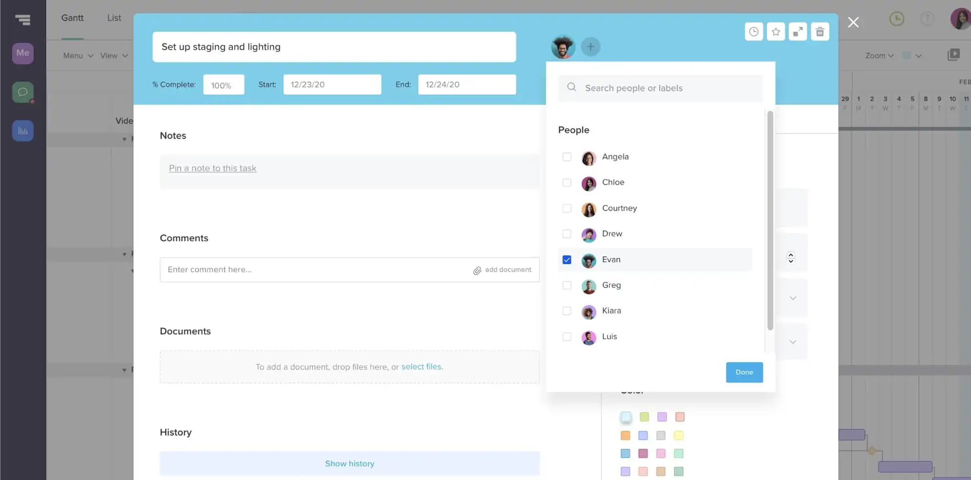 Inviting team members to your production schedule project via the task detail window in TeamGantt
