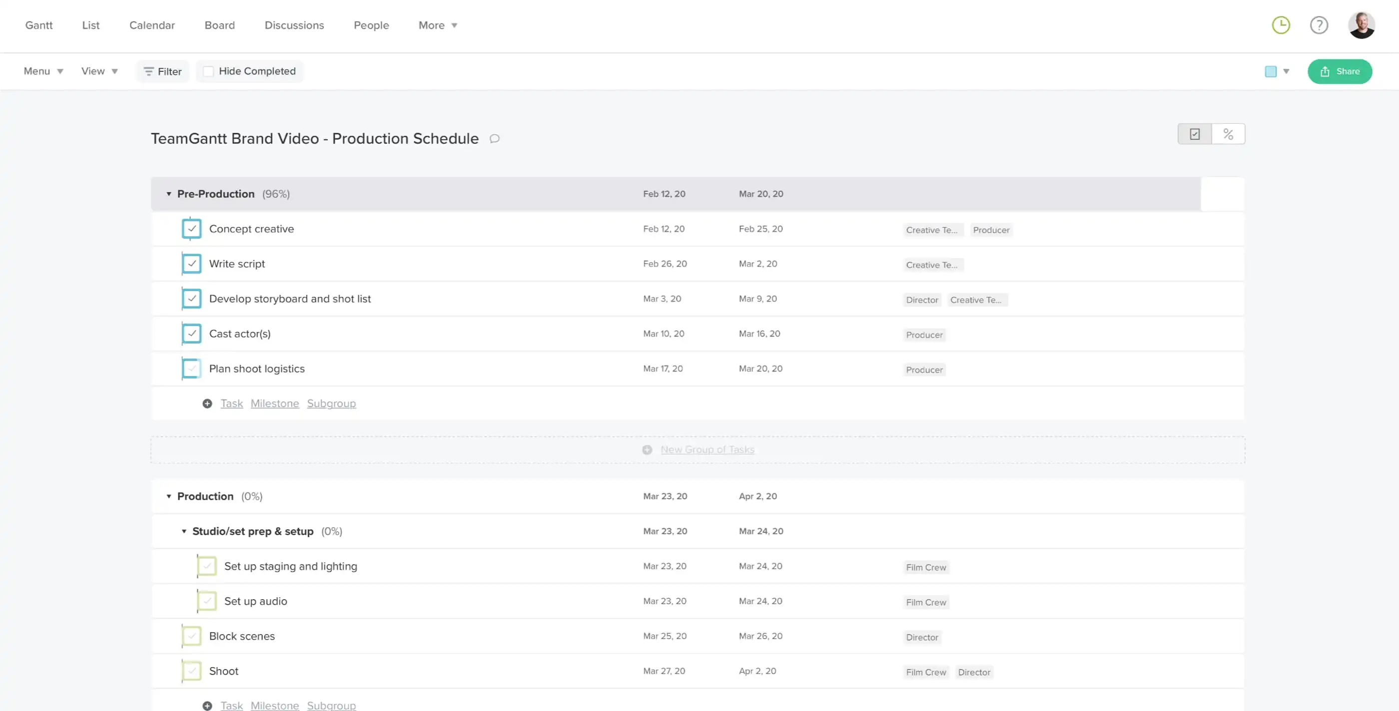 Example of TeamGantt's List view for a video project