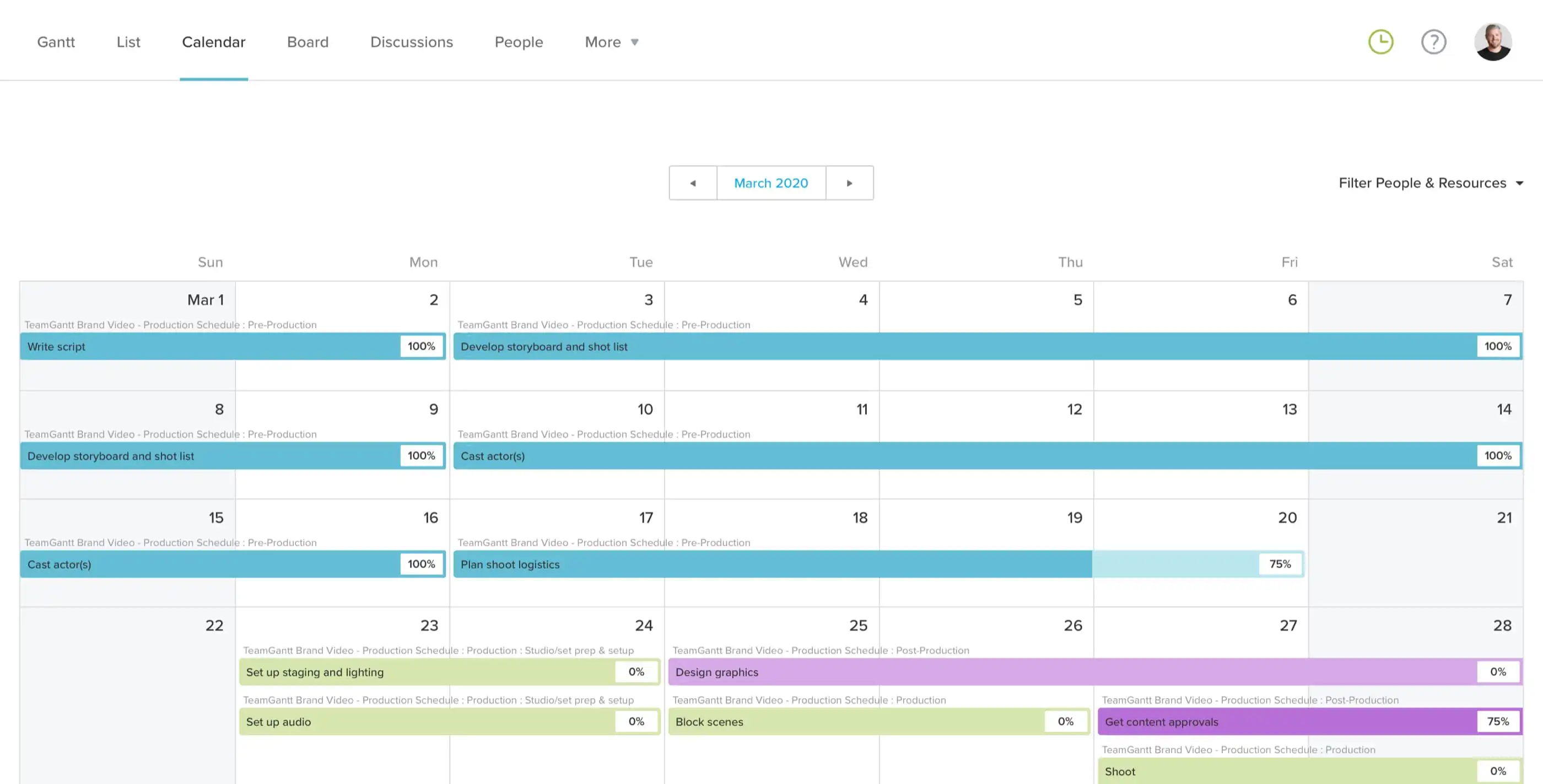 Example of video project tasks in Calendar view in TeamGantt