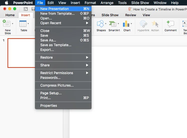 Screenshot of how to create a new PowerPoint presentation for a project timeline