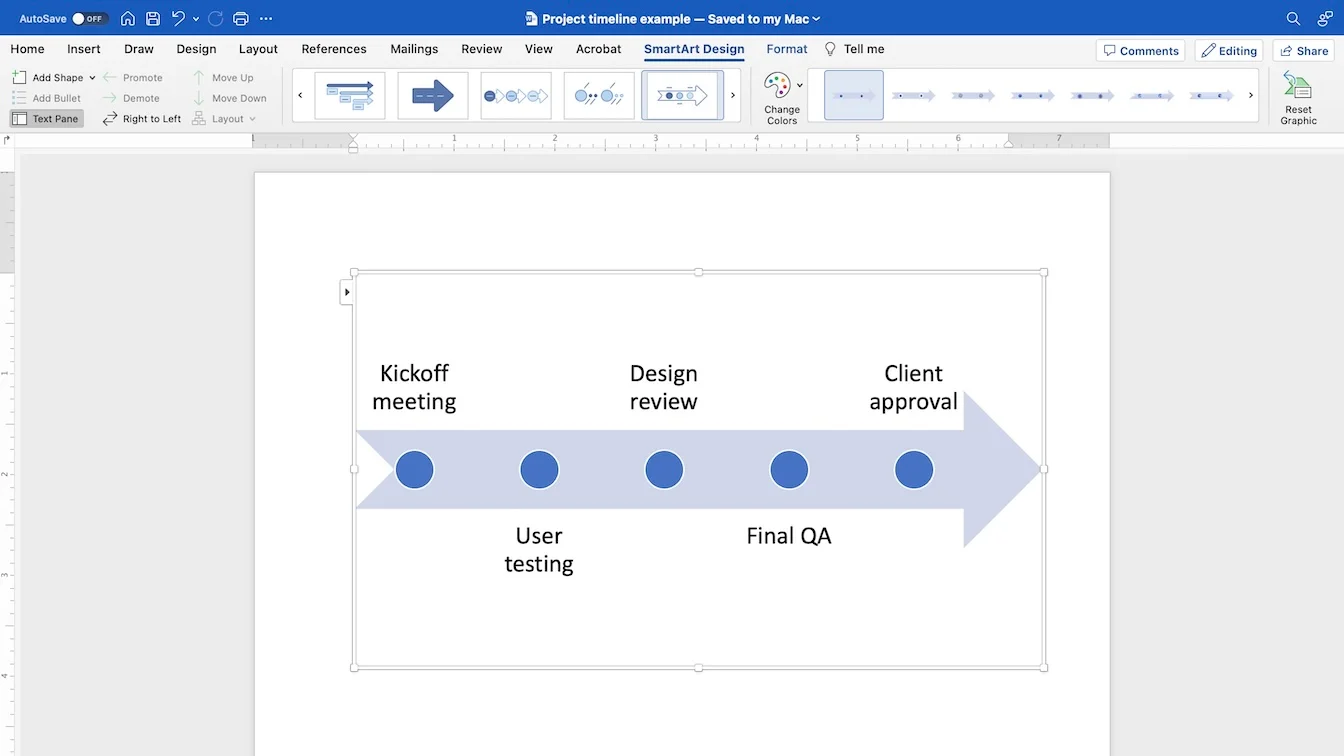 Screenshot of a basic project timeline in Microsoft Word
