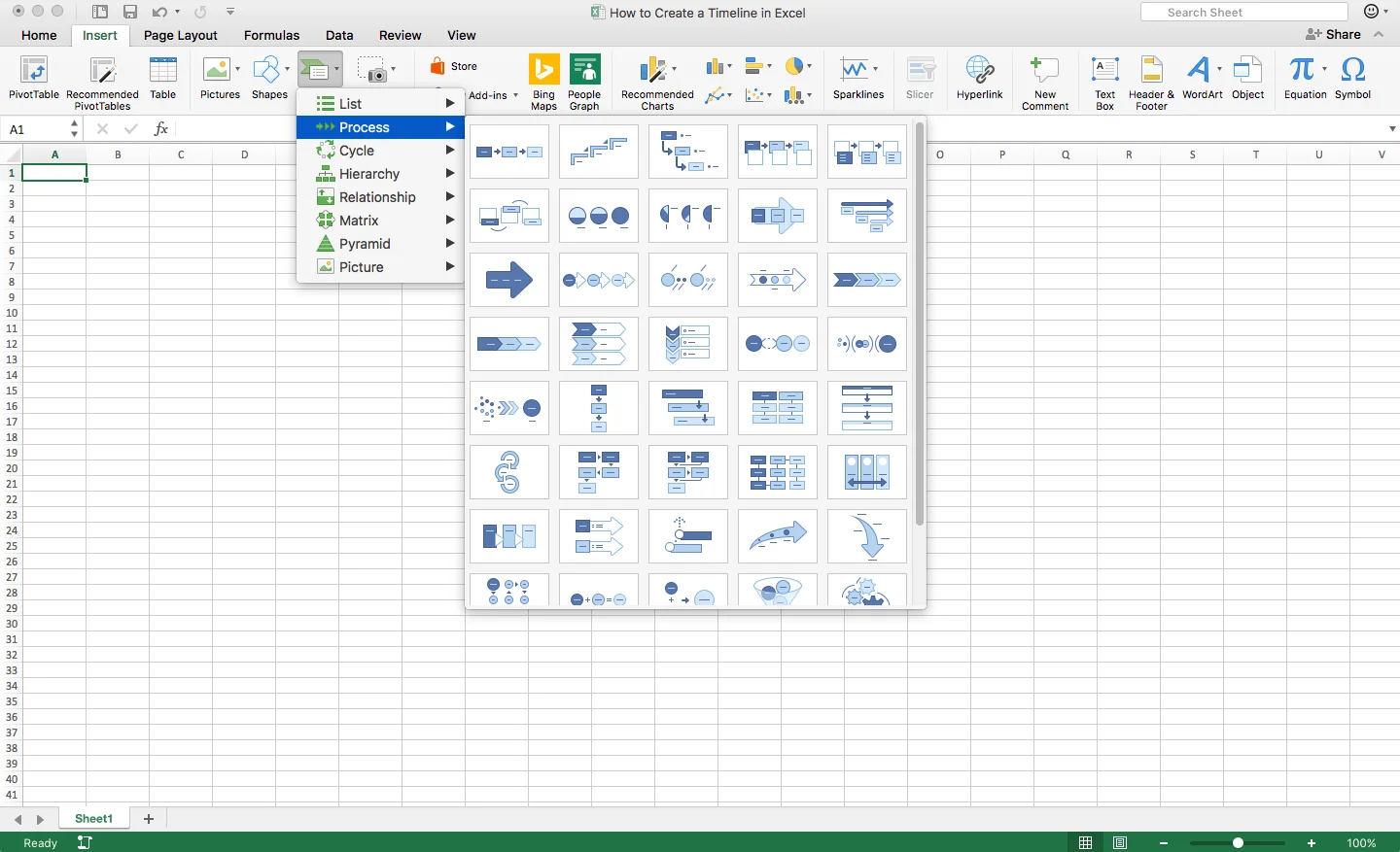Screenshot of how to insert a project timeline into Excel