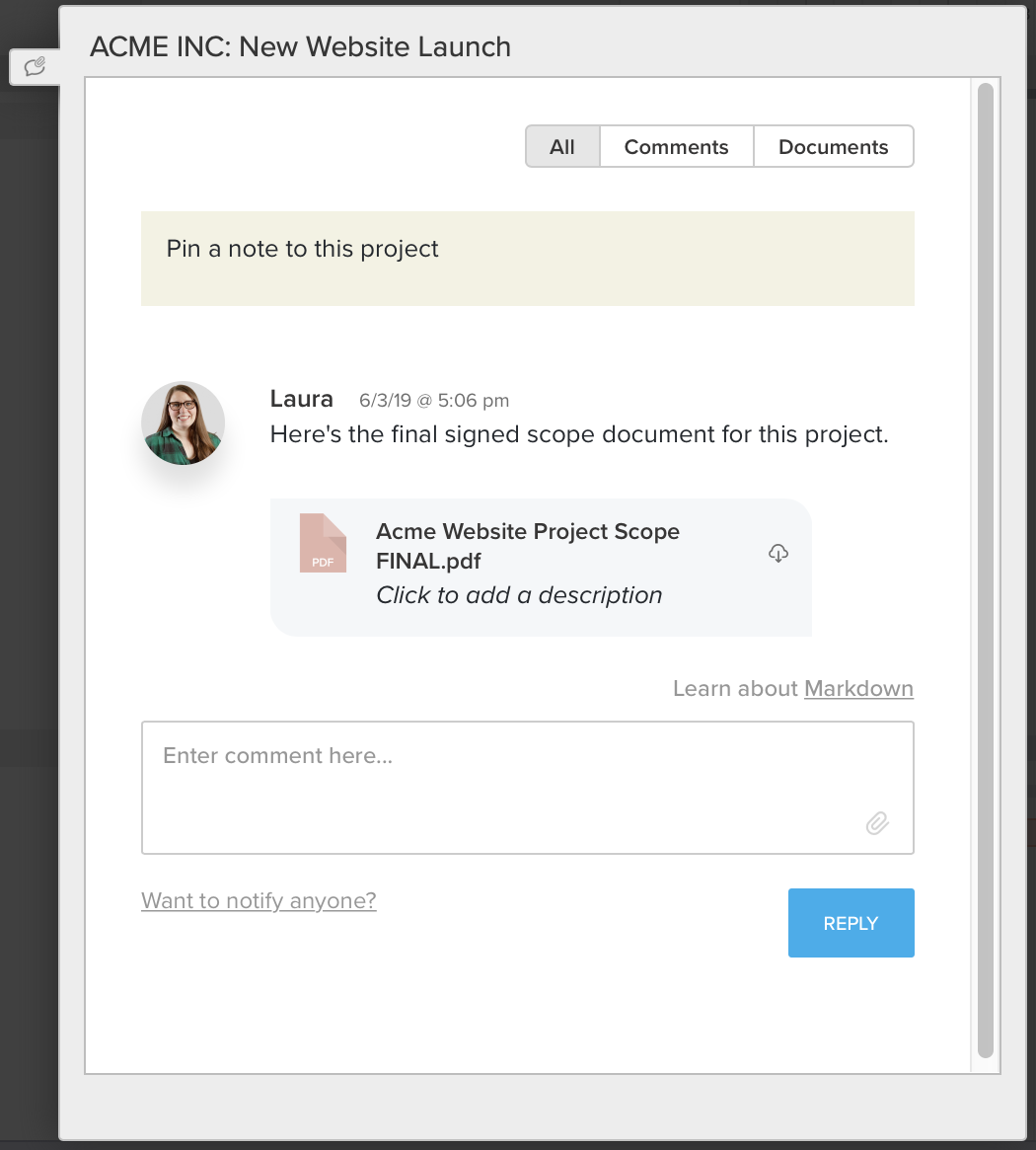 screenshot of a scope document uploaded to project documents in TeamGantt
