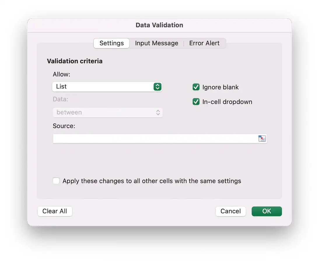 Excel RACI Matrix Step 4b - Select allow list setting