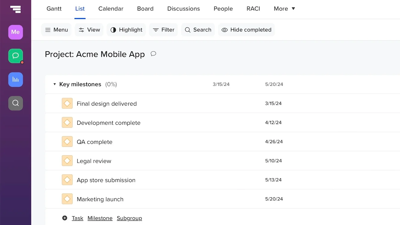 Screenshot of high-level milestones for a mobile app project for presenting in a project kickoff meeting